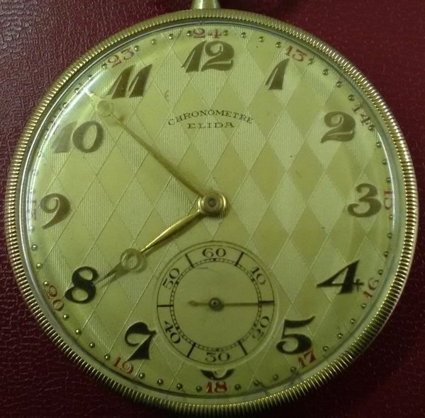 Taschenuhr ELIDA, Frack-Uhr, gold mit Kette